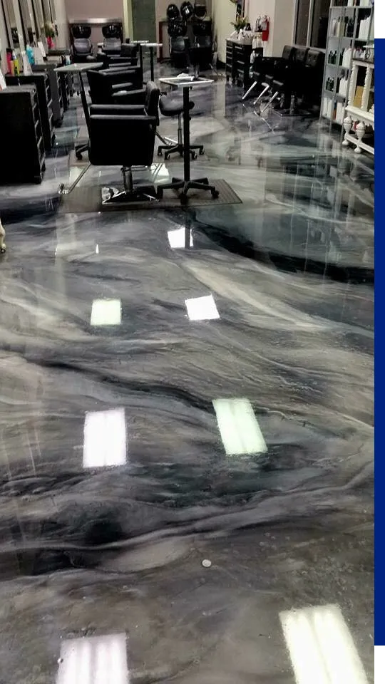 Hair salon with glossy marbled epoxy floor