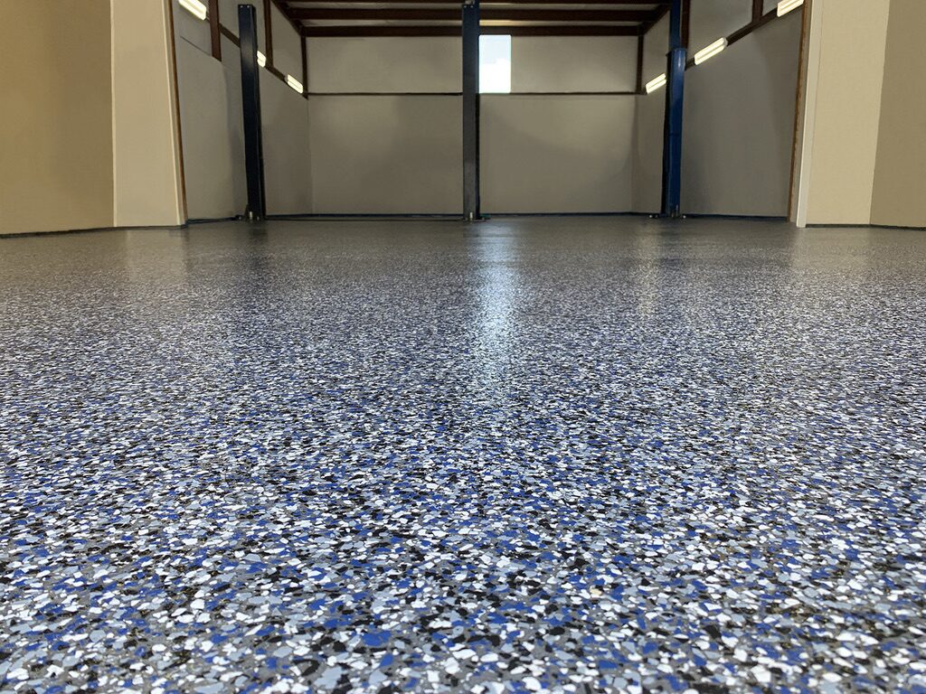 Speckled blue epoxy-coated garage floor